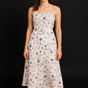 Blue Rain Sundress Sz. S Spaghetti Straps Tropical Print Flowy Midi Boho Resort